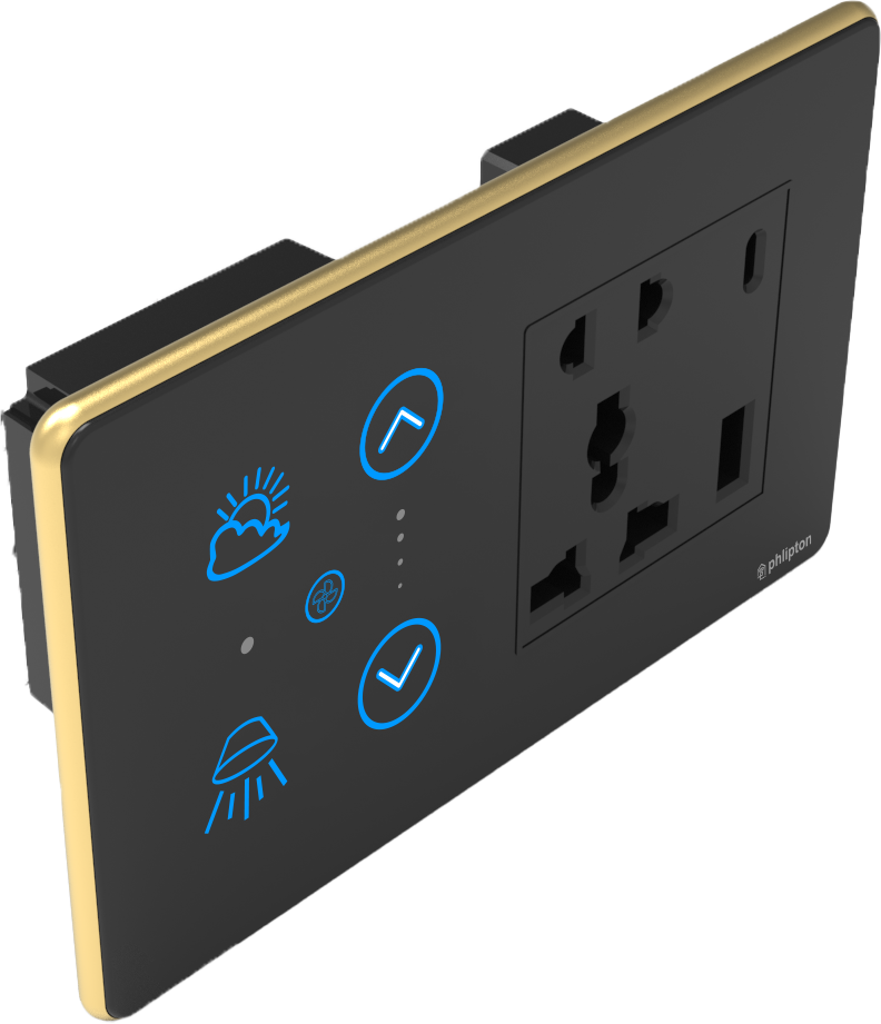 [PN-ZGP- 4M (2+1+0+1UR) BG] SR44. Luxeray 2 Switch + 1  FAN + 5 Pin Socket + USB Type A &  C 18W Fast charging- 4M (2+1+0+1U)  & 4M (2+1+0+1UL) (ZIGBEE, Black, Gold, RIGHT)