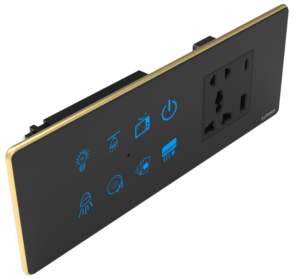[PN-ZGP-6/8M (8+0+0+1UR) BG] SR55. Luxeray 8 Switch + 5  Pin Socket + USB Type A & C 18W  Fast charging- 6/8M (8+0+0+1U) (ZIGBEE, Black, Gold, RIGHT)