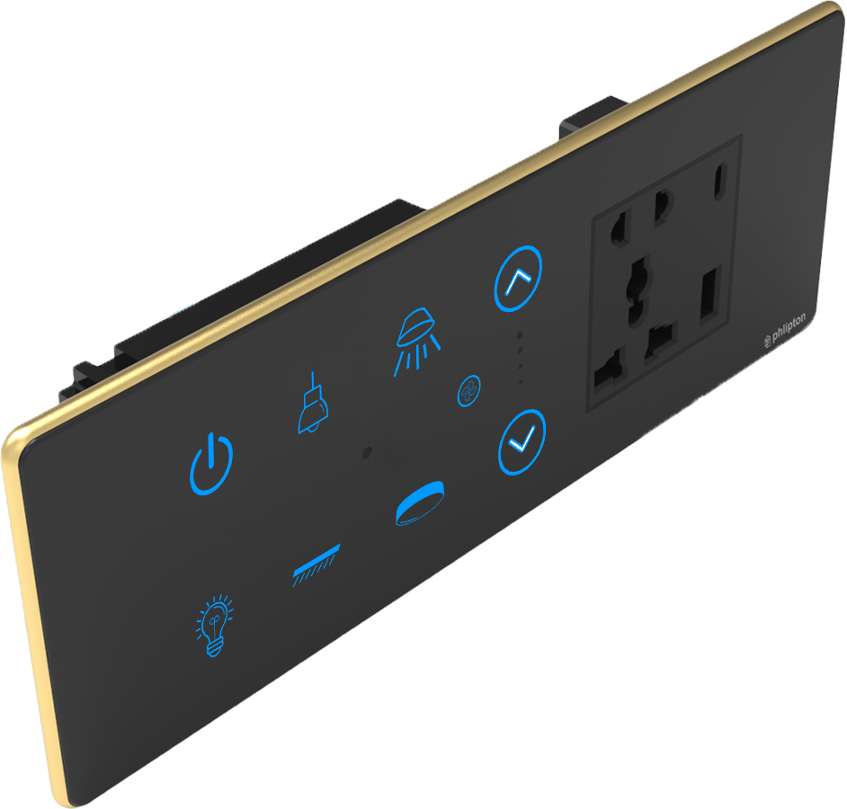 [PN-ZGP-6/8M (6+1+0+1UR) BG] SR58. Luxeray 6 Switch + 1  FAN + 5 Pin Socket + USB Type A &  C 18W Fast charging- 6/8M  (6+1+0+1U) & 6/8M (6+1+0+1UL) (ZIGBEE, Black, Gold, RIGHT)