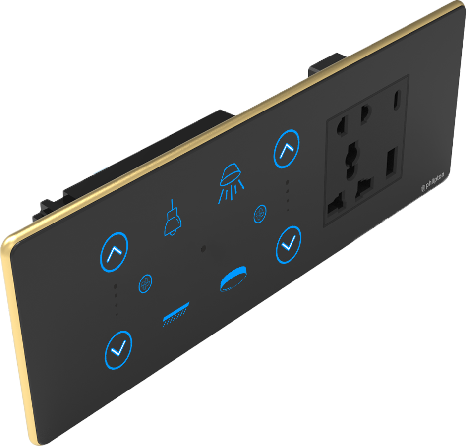 [PN-ZGP-6/8M (4+2+0+1UR) BG] SR61. Luxeray 4 Switch + 2  FAN + 5 Pin Socket + USB Type A &  C 18W Fast charging- 6/8M  (4+2+0+1U)  (ZIGBEE, Black, Gold, RIGHT)