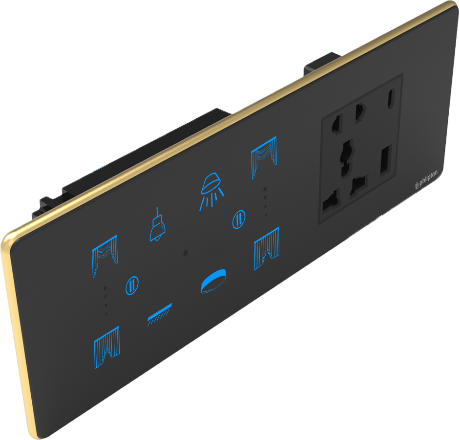 [PN-ZGP-6/8M  (4+0+2+1UR) BG] SR57. Luxeray 4 Switch + 2  Curtain + 5 Pin Socket + USB Type A  & C 18W Fast charging- 6/8M  (4+0+2+1U) (ZIGBEE, Black, Gold, RIGHT)