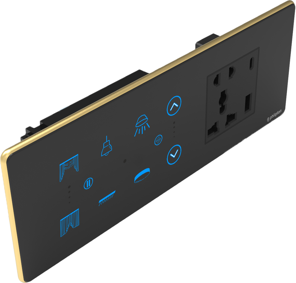 [PN-ZGP-6/8M  (4+1+1+1UR) BG] SR59. Luxeray 4 Switch + 1  FAN + 1 Curtain + 5 Pin Socket +  USB Type A & C 18W Fast charging-  6/8M (4+1+1+1U) (ZIGBEE, Black, Gold, RIGHT)