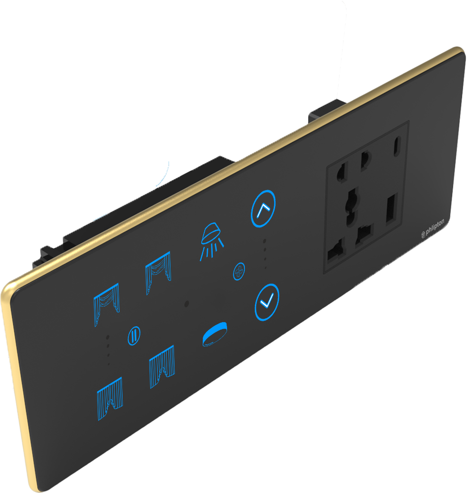 [PN-ZGP-6/8M  (2+1+2+1UR) BG]  SR60. Luxeray 2 Switch + 1  FAN + 2 Curtain + 5 Pin Socket +  USB Type A & C 18W Fast charging-  6/8M (2+1+2+1U) (ZIGBEE, Black, Gold, RIGHT)