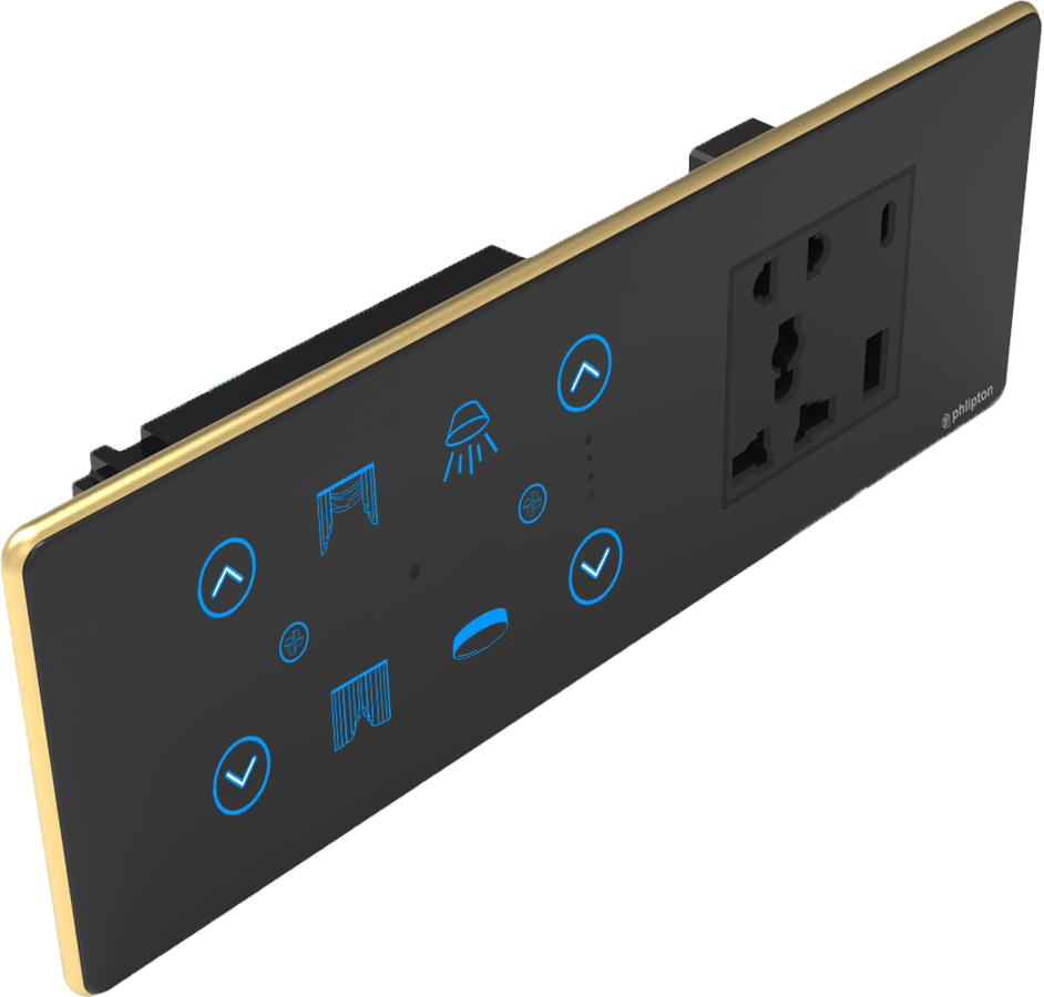 [PN-ZGP-6/8M  (2+2+1+1UR) BG]  SR62. Luxeray 2 Switch + 2  FAN + 1 Curtain+ 5 Pin Socket + USB  Type A & C 18W Fast charging- 6/8M  (2+2+1+1U)  (ZIGBEE, Black, Gold, RIGHT)