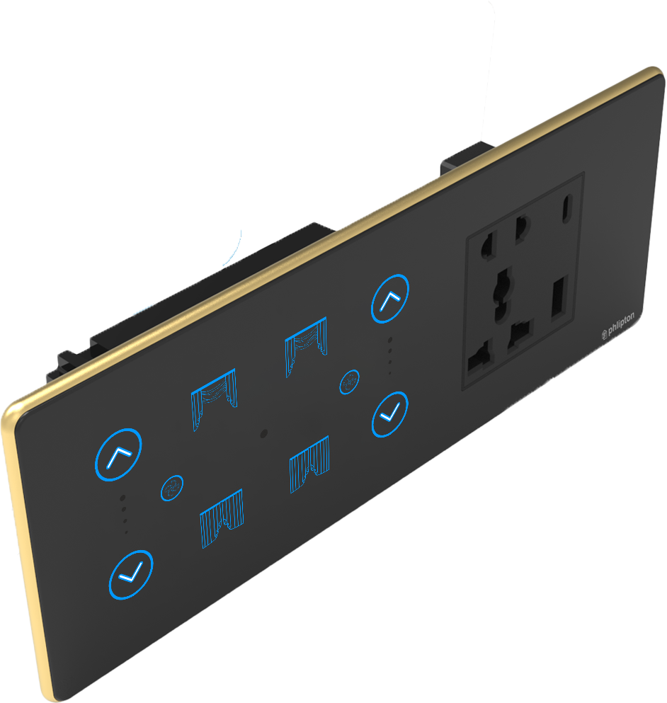 [PN-ZGP-6/8M  (0+2+2+1UR) BG]  SR63. Luxeray 2 FAN + 2  Curtain+ 5 Pin Socket + USB Type A  & C 18W Fast charging- 6/8M  (0+2+2+1U) (ZIGBEE, Black, Gold, RIGHT)