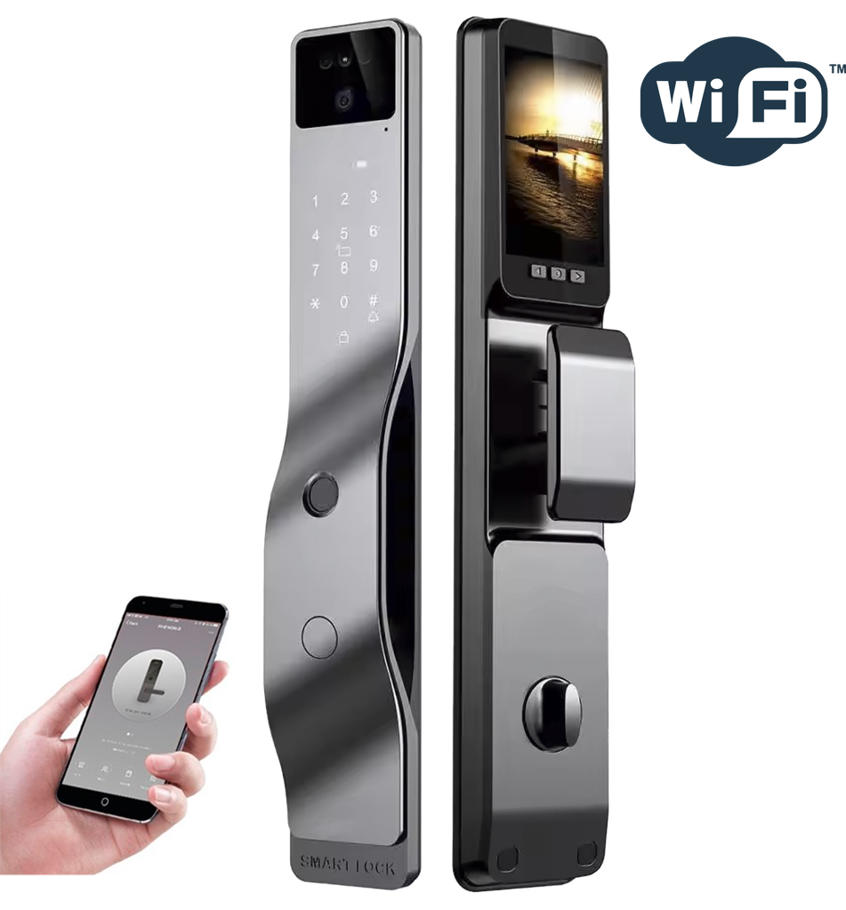 SR206. Series 4 WiFi-LE Smart Face Recognition Door Lock With Camera And screen with Active Doorbell Feature 2way Talk + Any Time Mobile App Unlock + Finger print + RFid + passcode + mechanical key + OTP + Active Smart Lock Bind Technology