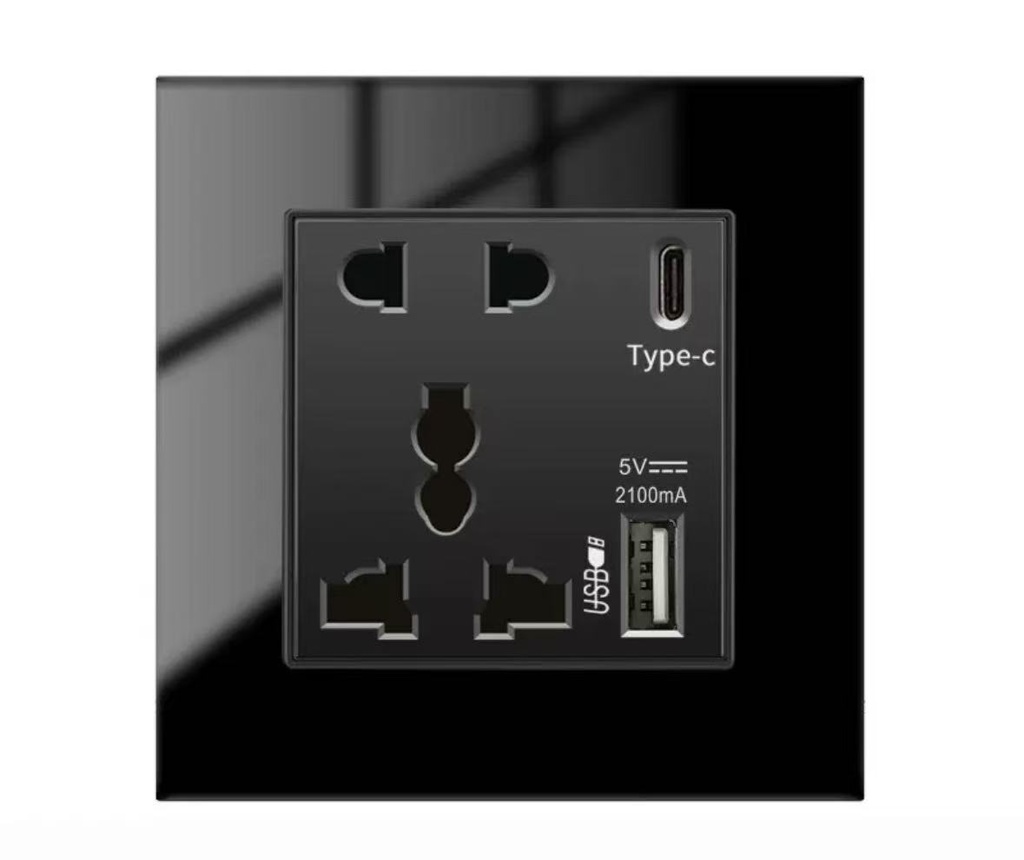 Luxeray 2M 5 Pin Socket + USB Type A &  C 18W Fast charging - glass panel (0+0+0+1U) 