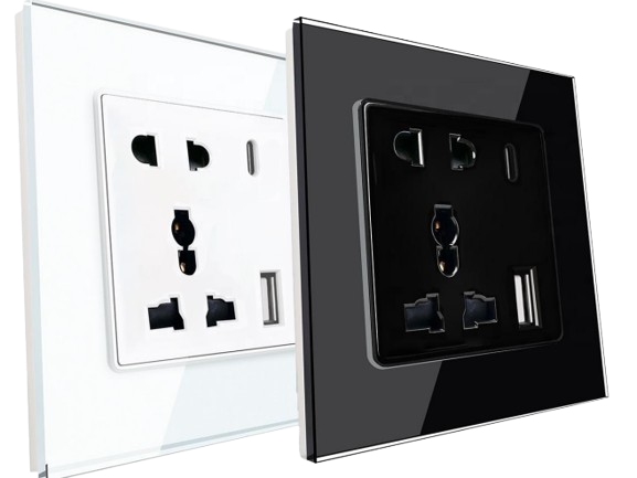 SR26. Luxeray 2M 5 Pin Socket + USB Type A &  C 18W Fast charging - glass panel (0+0+0+1U) 