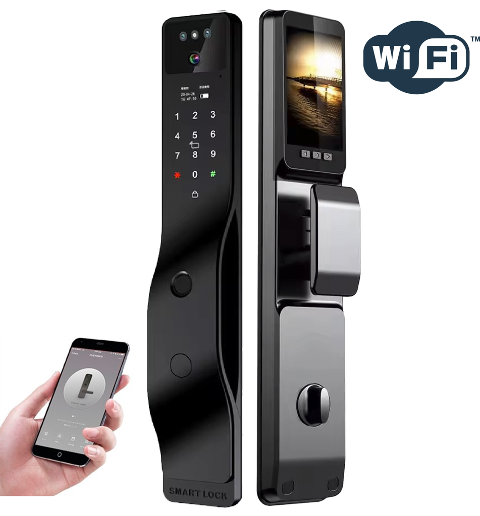 SR117. Series 4 Lock (Black Matte Finish + Face ID + Palm + RFID + PIN + Key + Camera + Screen + App + Doorbell 2 Way Talk + Active Anytime Unlock + Lock Bind + Fingerprint / 3rd Party RX-TX Remote + ₹1100)