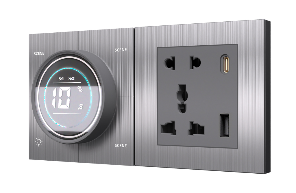 [PN-TN-4M (K+SK) AL] SR6. TITAN ZigBee Knob For 4 Zone Zigbee Lighting Brightness & Color Control + 5 Pin Socket + USB Type A & C 18W Fast charging (4L / 1L+1F) : 4M (K+SK) (Brushed Aluminium)