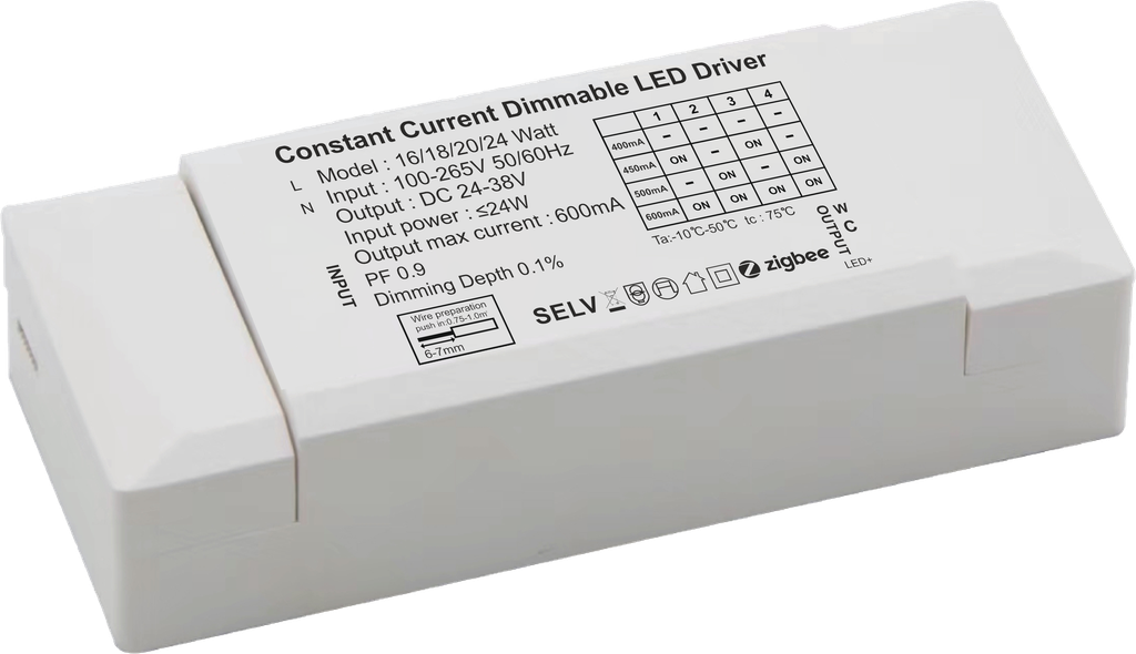 SR139. 16–24W HPF Driver (ZigBee / 0.1% Dim + CCT) 400–600mA • 30–40V • 4KV Surge 121 x 45 x 25 mm (DALI-like)