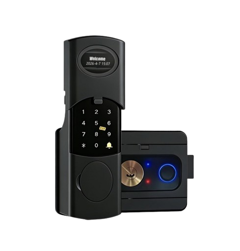 SR112. R1 D : Dual Fingerprint Rim Lock (RFID + PIN + FP + Key) / App (WiFi +₹550 / TUYA + RX-TX +₹1100)