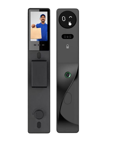 [PN-WDL-S4 pro Ai] SR114. Series 4 Pro Ai Lock (Black Matte Finish + Ai Voice Enabled Front Touch Screen + Inbuild Pin In Screen + Face ID + Palm + RFID + Key + Camera + Screen + App + Doorbell 2 Way Talk + Active Anytime Unlock + Lock Bind + Fingerprint)