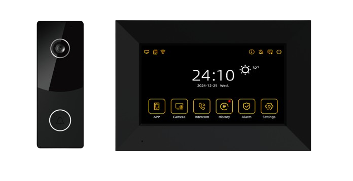 SR126. 7” Touch Screen VDP System (Full HD / App / 2 Door Unlock) Supports 4 Indoor + 2 Outdoor Units + Wireless Onvif camera + wired camera Extra Indoor Screen+Adapter +₹5200 / Outdoor +₹2400