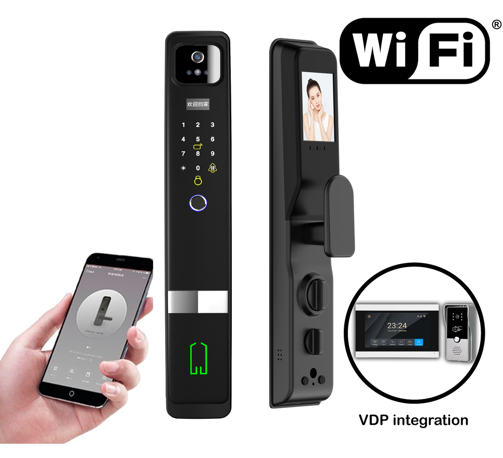 SR206. Series 5 WiFi-LE Smart Face Recognition Door Lock With Camera And screen with Active Doorbell Feature 2way Talk + Any Time Mobile App Unlock + Finger print + RFid + passcode + mechanical key + OTP + Active Smart Lock Bind Technology + 3rd Party VDP Integration (Optional) + (Wireless Doorbell Trigger Switch + Indoor Chime)