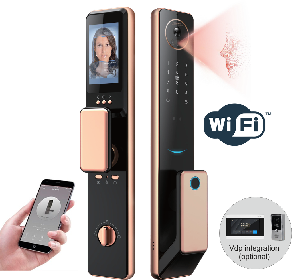  SR209. Series 5 Pro WiFi-LE Smart Face Recognition Door Lock With Camera And screen with Active Doorbell Feature 2way Talk + Any Time Mobile App Unlock + Finger print + RFid + passcode + mechanical key + OTP + Direct Scene Intigration with limited TUYA VDP & Doorbells 