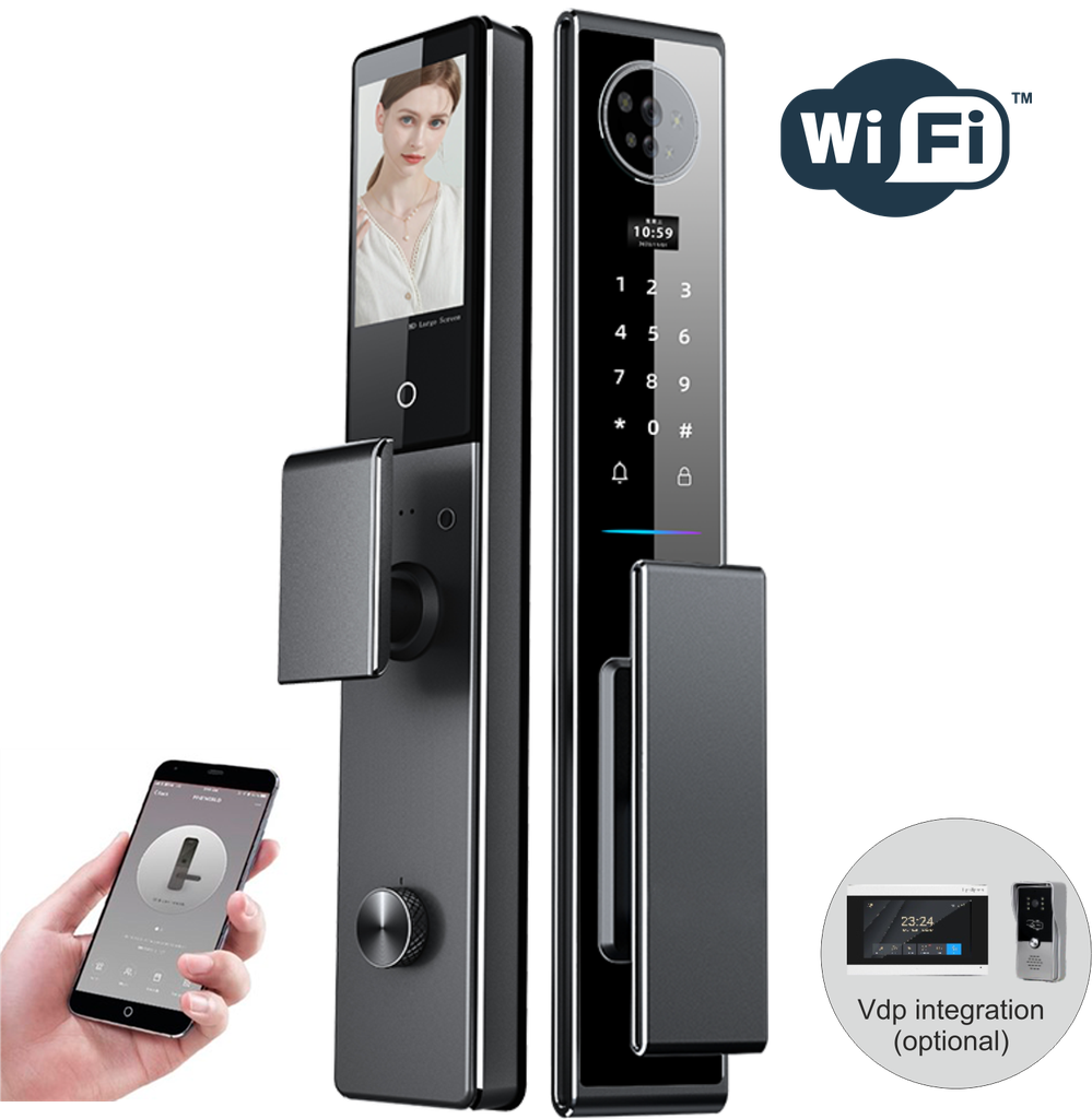 SR210. Series 6 WiFi-LE Premium CNC Process Manufactured Smart Face Recognition Door Lock With Camera And screen with Active Doorbell Feature+One Touch Mobile App Unlock + Finger print + Palm Vains Recognition Unlock + RFid + passcode + mechanical key + OTP + Direct Scene Intigration with limited TUYA VDP & Doorbells 